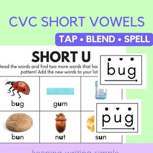 CVC Phonics Worksheets: Short Vowel Uu • TAP, BLEND, read & spell • Phonics Printable Flashcards