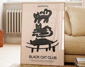 Black Cat Print, Digital Print, Cat lover gift, Trendy Wall Art, Pet art print, Black cat club A2,A3,A4,A5,A6