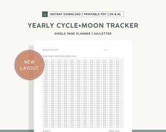 May include: A printable PDF yearly cycle and moon tracker. The single-page planner is designed for A4/Letter size. The layout includes sections for cycle tracking, moon phases, energy levels, and rituals. The text "NEW LAYOUT" is in a circular design.