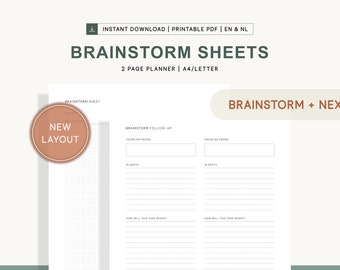 May include: Printable A4/Letter brainstorm sheets with a new layout. The sheets include sections for brainstorming, next steps, chosen themes and keywords, and actions to take. The sheets are designed to help you organize your thoughts and ideas.