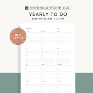 Op de afbeelding: Een printbare jaarlijkse to-do-lijstplanner in zwart-wit met een nieuwe lay-out. De planner is verdeeld in 12 maanden met ruimte om taken te schrijven. De planner is ontworpen voor A4/briefpapier.