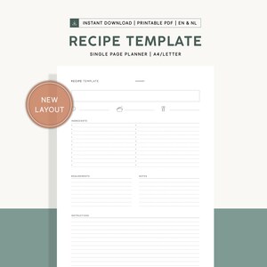 Puede incluir: Una plantilla de receta imprimible con un nuevo diseño. La plantilla está diseñada para una sola página e incluye secciones para ingredientes, requisitos, notas e instrucciones. La plantilla está formateada para papel tamaño A4/Letter.