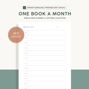 Op de afbeelding: Een printable PDF-planner met een nieuwe lay-out om boeken te volgen die elke maand worden gelezen. De planner heeft de titel "One Book a Month" en heeft een lay-out van één pagina met twee opties voor A4- of Letterformaat papier.