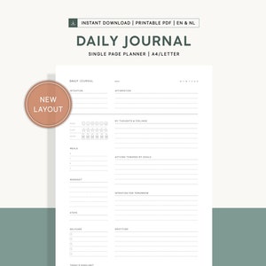 Op de afbeelding: Printbare dagelijkse journal planner met een nieuwe lay-out. De planner bevat secties voor dagelijkse affirmaties, gedachten en gevoelens, maaltijden, acties naar doelen, intenties voor morgen, stappen, dankbaarheid en het hoogtepunt van de dag. De planner is ontworpen voor A4- of letterformaat papier.