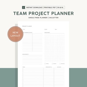 Op de afbeelding: Een printbare teamprojectplanner in zwart-wit met een gerasterd gedeelte voor brainstormen en een gedeelte voor taken. De planner is gelabeld met "Nieuwe lay-out" en "Teamprojectplanner".
