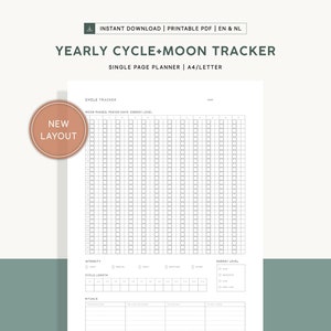 Könnte beinhalten: Ein druckbarer PDF-Jahreszyklus- und Mond-Tracker. Der Single-Page-Planer ist für A4/Letter-Größe konzipiert. Das Layout umfasst Abschnitte für Zyklus-Tracking, Mondphasen, Energieniveaus und Rituale. Der Text "NEW LAYOUT" ist in einem kreisförmigen Design.