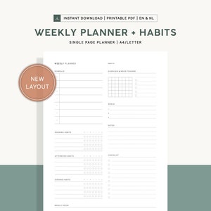 Op de afbeelding: Een printbare weekplanner en gewoontetracker in zwart-wit. De planner bevat secties voor een wekelijks schema, ochtend-, middag- en avondgewoontes, een checklist, notities, doelen en een overzicht en een moodtracker. De tekst "NEW LAYOUT" staat in een cirkel linksboven op de pagina.