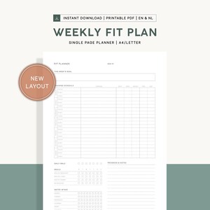 Op de afbeelding: Een printbare wekelijkse fitnessplanner met een nieuwe lay-out. De planner bevat secties voor dagelijkse wandelingen, maaltijden, waterinname, trainingsschema, voortgang en notities. De planner is ontworpen voor A4/briefpapier.
