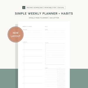 Op de afbeelding: Een printbare weekplanner met een nieuwe lay-out. De planner bevat secties voor prioriteiten, schema, taken en gewoontes. De planner is ontworpen voor A4/letterformaat papier.