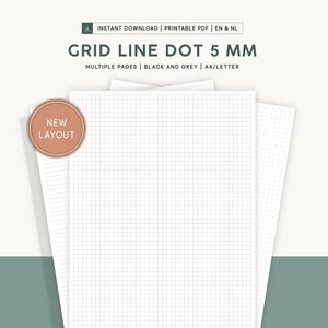 Op de afbeelding: Printbaar ruitjespapier met 5 mm stippenraster, lijnen en blanco pagina's. Het papier is verkrijgbaar in zwart en grijs. Het papier is A4/Letter formaat. De tekst "NEW LAYOUT" staat op een bruine cirkel.