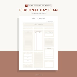 Puede incluir: Un planificador diario imprimible con secciones para tareas, citas, estado de ánimo, hábitos, ejercicio, horario de comidas, lluvia de ideas, ingesta de agua y recordatorios. El planificador está diseñado en un estilo minimalista con un fondo beige y texto negro.