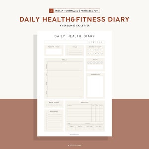Op de afbeelding: Printbare dagelijkse gezondheids- en fitnessdagboek sjabloon met secties voor het bijhouden van doelen, maaltijden, waterinname, stemming, slaap, oefeningen en boodschappen. De sjabloon is ontworpen in een minimalistische stijl met een beige achtergrond en zwarte tekst.