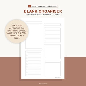 Op de afbeelding: Printbare lege organizer-planner met twee versies, een met een grote lege ruimte en de andere met een lijst en twee kleinere lege ruimtes. De tekst "SPACE FOR APPOINTMENTS, GRATITUDE, GOALS, TASKS, MEALS, NOTES, HABITS OR ANY OTHER" staat in een cirkel linksboven op de pagina.