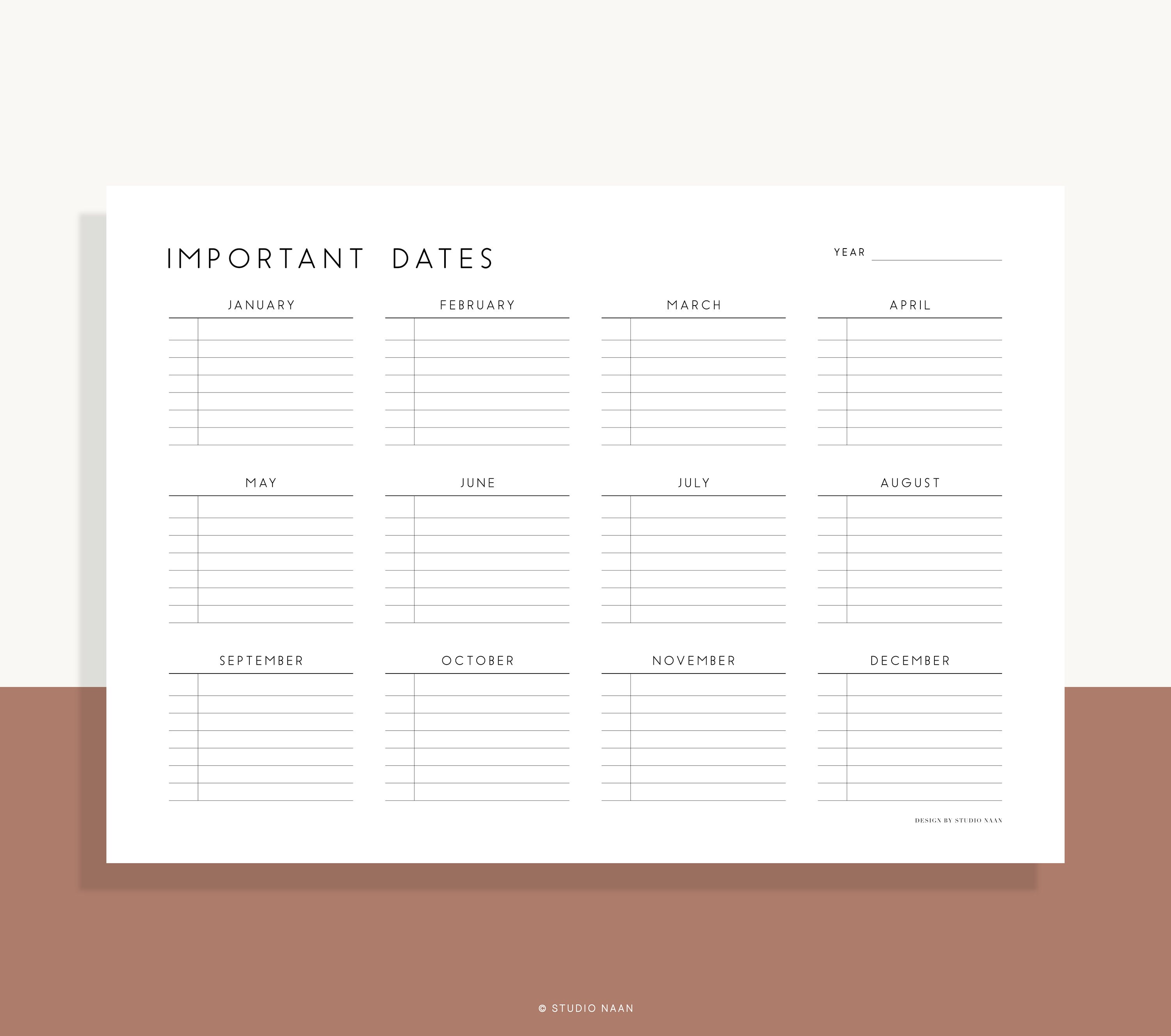 Year Planner Important Dates Overview Printable Yearly Events - Etsy