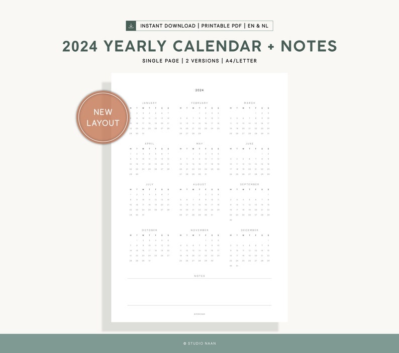 Year Calendar 2024 Printable Wall Calendar Yearly Notes Desk Etsy