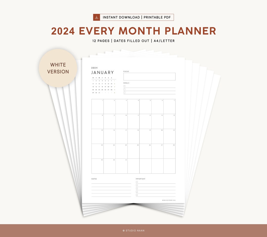 Monthly Calendar 2024 Printable Monthly Planner Dates Filled Out ...