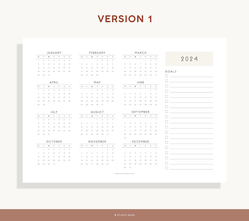 Year calendar 2024 printable yearly goal planner template wall calendar