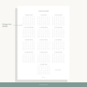 May include: A printable 13 Moon Calendar with Gregorian dates, featuring the names of each moon phase, such as Magnetic Moon, Lunar Moon, Electric Moon, and more.