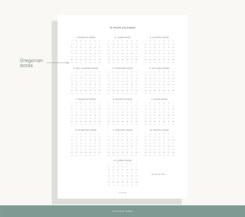 May include: A printable 13 Moon Calendar with Gregorian dates, featuring the names of each moon phase, such as Magnetic Moon, Lunar Moon, Electric Moon, and more.