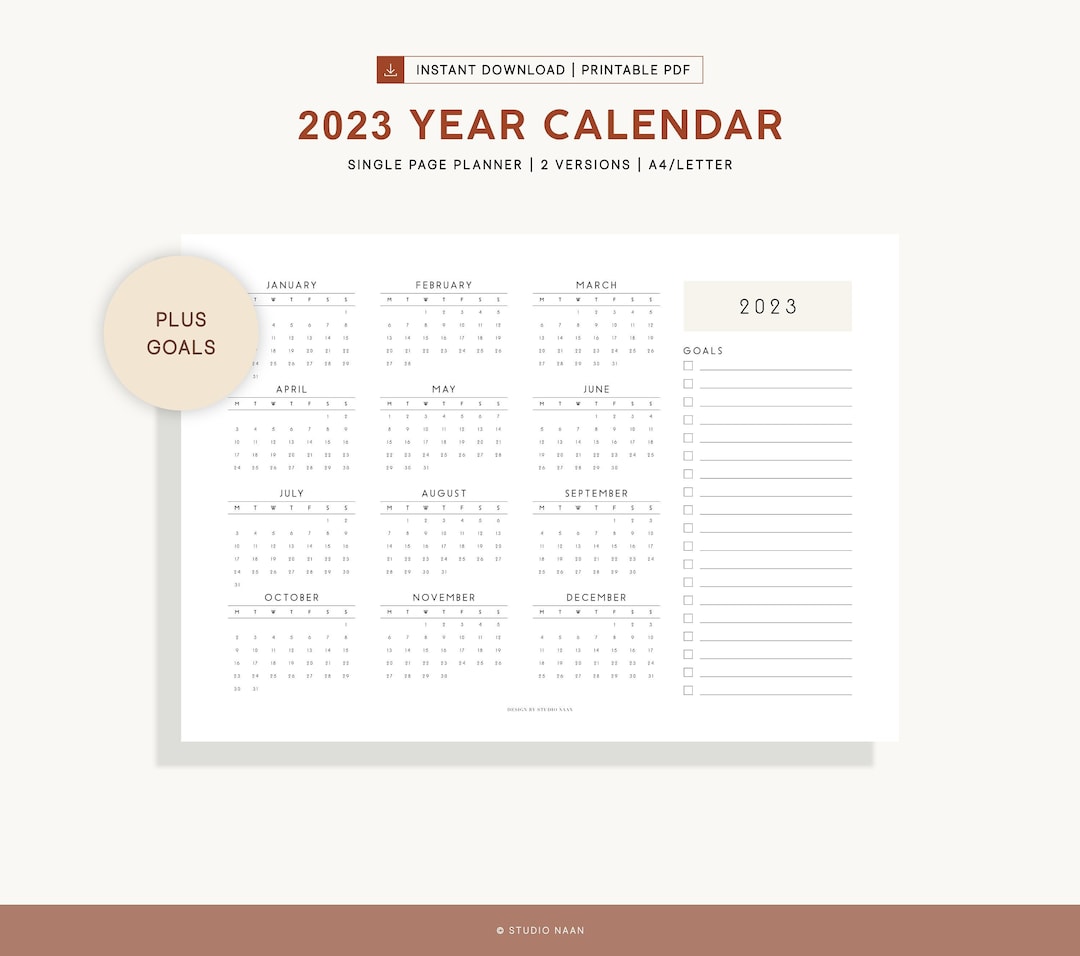 Year Calendar 2023 Printable Yearly Goal Planner Template Wall Calendar ...