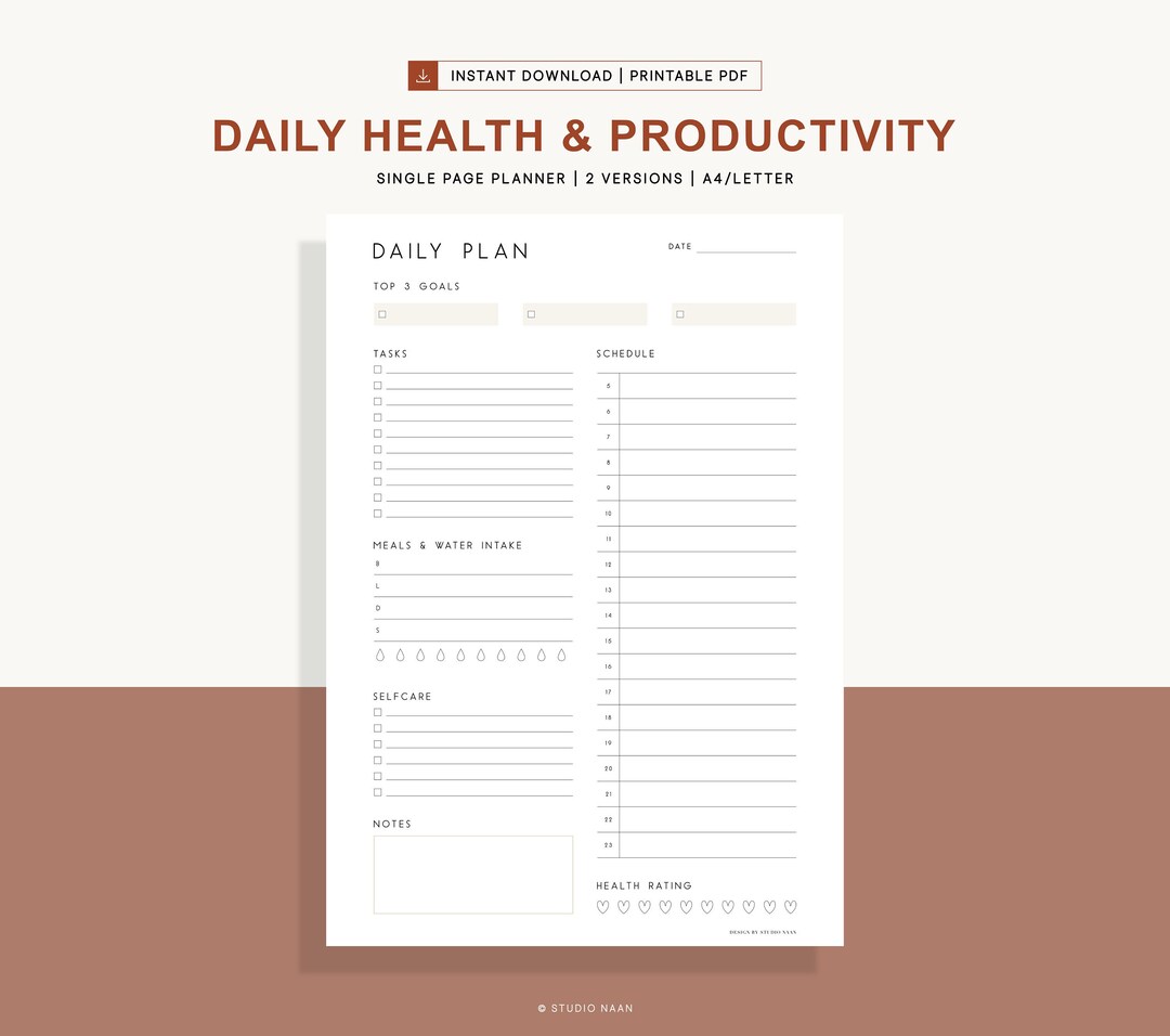 Daily Health Planner Printable Productivity Planner Minimal - Etsy