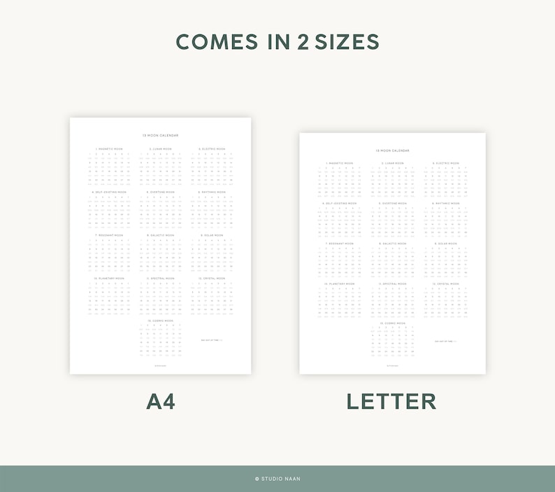May include: A printable 12-month moon calendar in two sizes: A4 and Letter. The calendar shows the phases of the moon for each day of the year.