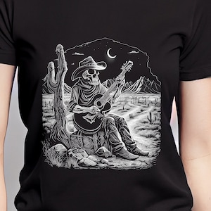 Skeleton Cowboy Guitar Tee - Guitar Shirts, Skull Shirts, Line Art