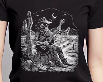 Skeleton Cowboy Guitar Tee - Camicie Chitarra, Camicie Skull, Line Art