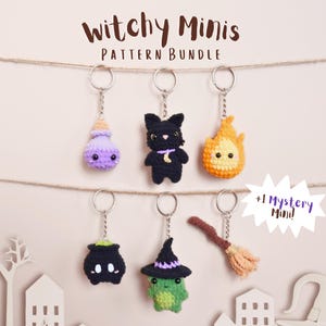May include: A selection of handmade crochet keyrings with a witchy theme. The keyrings include a purple potion bottle, a black cat, a flame, a cauldron, a frog in a witch hat, and a broom. The text "Witchy Minis Pattern Bundle" is at the top.
