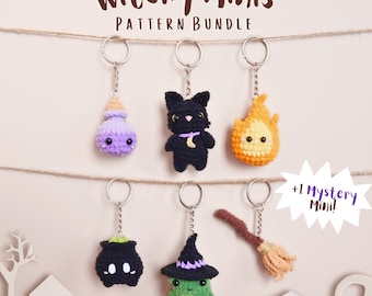 Witchy Minis Crochet Pattern Bundle: Halloween Amigurumi Keychains, Witchy Car Charm Hanger, Cat, Frog, Cauldron, Potion (PDF Tutorial)