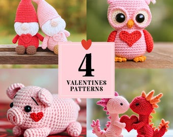 Valentine's Crochet Pattern Bundle: Amigurumi Gnomes, Dragons, Pig, Owl (PDF Download)
