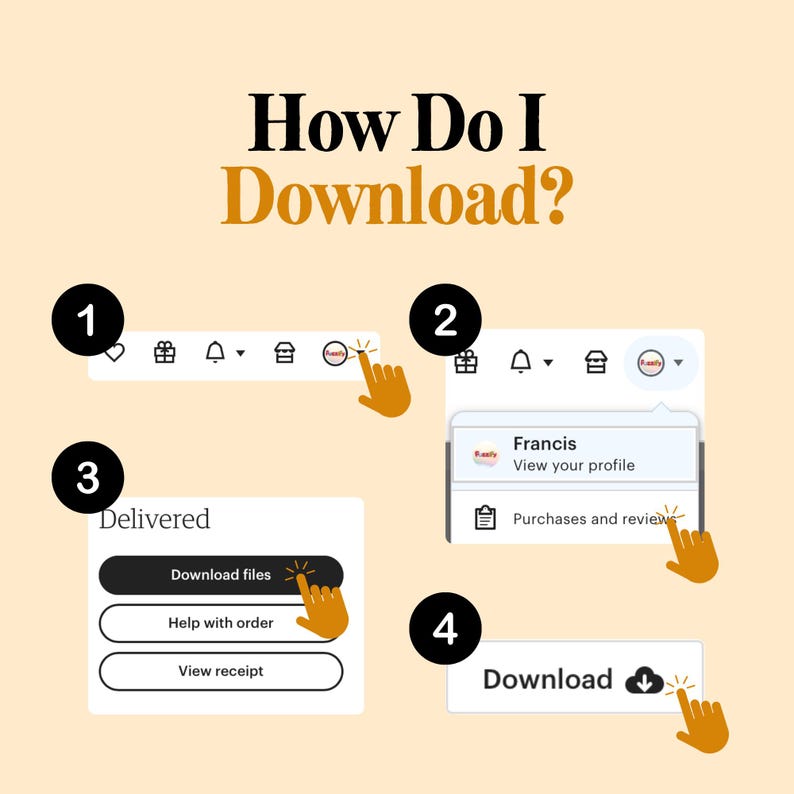 K&ouml;nnte beinhalten: Eine Schritt-f&uuml;r-Schritt-Anleitung zum Herunterladen von Dateien mit dem Text "How Do I Download?" auf einem beigefarbenen Hintergrund. Die Anleitung zeigt nummerierte Schritte mit einem Hand-Symbol, das auf verschiedene Bereiche einer Website zeigt.