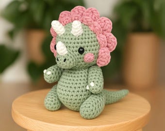 Tricerabloom Crochet Pattern, Crochet Dinosaur Pattern, Amigurumi Flower Dino, Cute Spring Small Beginner Crochet Projects, Dinosaur Crochet
