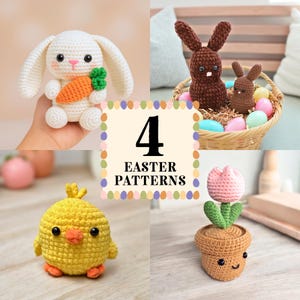 イースターかぎ針編みパターンバンドル：ウサギ、ひよこ、チューリップの編みぐるみ（PDFパターン）