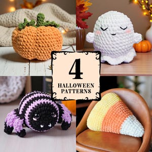 May include: A collage of four handmade crochet Halloween-themed items. Includes an orange pumpkin, a white ghost, a black and purple spider, and a candy corn pillow. The image has the text "4 Halloween Patterns".