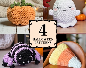 Halloween Crochet Pattern Bundle: Chunky Amigurumi Pumpkin, Ghost, Spider, Candy Corn (PDF Download)