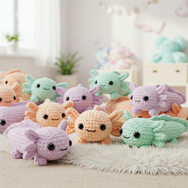 Haakpatroon baby axolotl, gehaakt vispatroon, dikke amigurumi axolotl, schattige lente kleine haakprojecten voor beginners chenillegaren