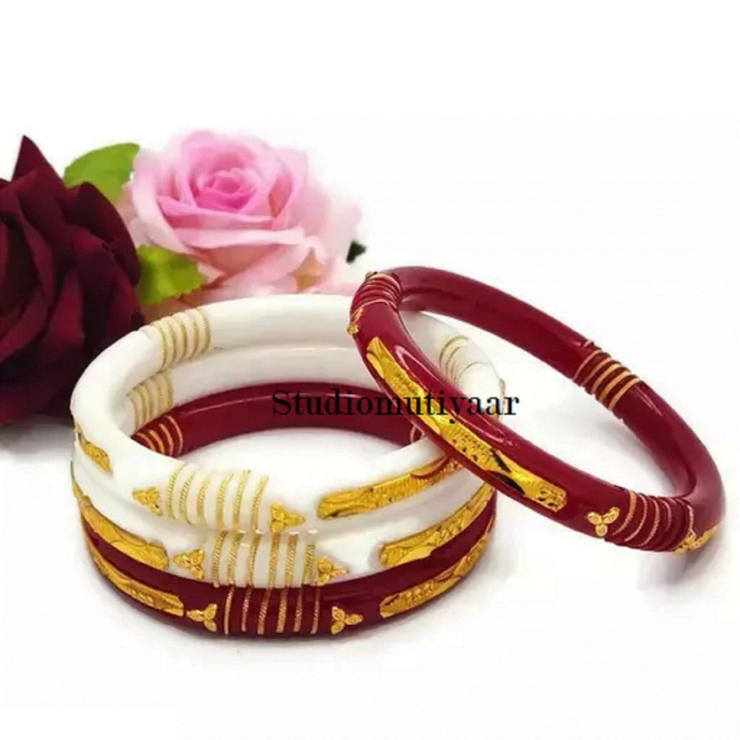 Designer Red & White Shankha Pola Bracelet Bengali Brides Etsy