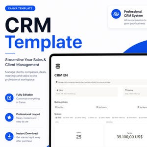 Puede incluir: Una plantilla CRM digital para Canva mostrada en la pantalla de una computadora portátil, con una interfaz blanca con texto negro, tablas de datos y métricas. El diseño incluye secciones para clientes, reuniones y valores de canalización con elementos azules.