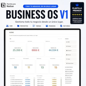 Puede incluir: Una plantilla digital de Notion titulada Business OS V1 para la gestión empresarial. La interfaz muestra métricas financieras, seguimiento de proyectos, listas de tareas y datos de clientes. Incluye CRM, proyectos, tareas, finanzas y facturas.