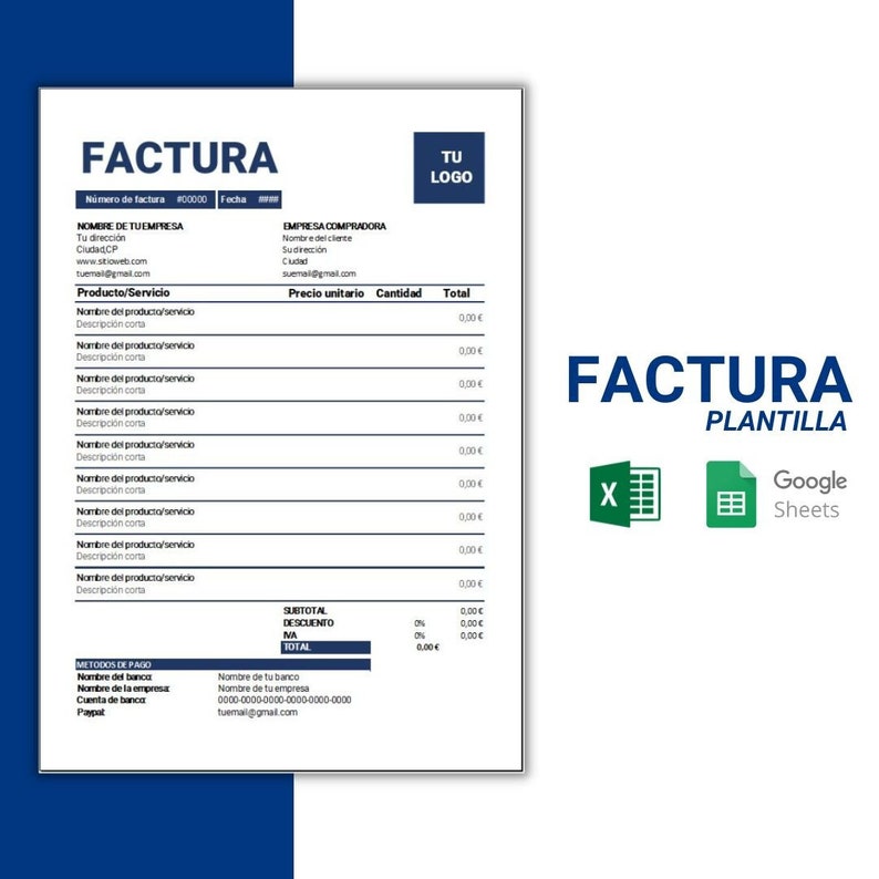 Plantilla Factura Formal Excel Azul oscuro en Español imagen 1