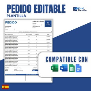 Puede incluir: Una plantilla digital para un formulario de pedido editable, con una tabla con detalles de productos, precios y cantidades. El formulario está etiquetado como "PEDIDO EDITABLE" y es compatible con Microsoft Excel, Word y otros formatos de documentos.