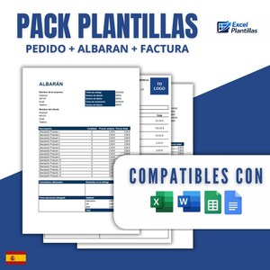 Puede incluir: Un conjunto de plantillas de documentos blancos con el texto "PACK PLANTILLAS PEDIDO + ALBARAN + FACTURA" en azul. Los documentos incluyen la palabra "ALBARAN" y son compatibles con los programas de Microsoft Office. El logotipo de Excel Plantillas está en la esquina superior derecha.