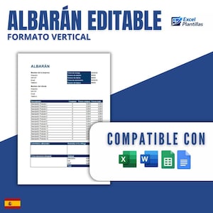 Könnte beinhalten: Ein vertikales Verkaufsrechnungsformular mit der Aufschrift "ALBARÁN EDITABLE FORMATO VERTICAL" vor blau-weißem Hintergrund. Die Vorlage ist kompatibel mit Microsoft Excel, Word und anderen Dokumentformaten. Die spanische Flagge ist sichtbar.