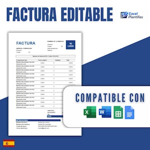 Puede incluir: Una plantilla de factura blanca con el texto "FACTURA EDITABLE" en azul. La plantilla incluye campos para información de la empresa, detalles del producto y métodos de pago. La imagen también muestra compatibilidad con Microsoft Office.