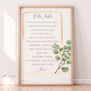 Pater Noster – The Lord’s Prayer - Modern Catholic Wall Art, Latin Prayer, Christian Printable Gift, Digital Download, Foliage Gold Frame