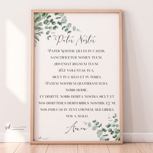 Pater Noster – The Lord’s Prayer - Modern Catholic Wall Art, Latin Prayer, Christian Printable Gift, Digital Download, Eucalpyptus Leaves