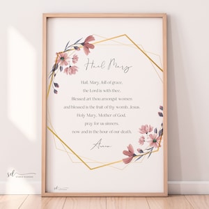 Hail Mary Prayer – Catholic Prayer Print, Digital Download, Catholic Printable Wall Art, Ave Maria, Rosary, Floral, Hexagon, Modern Print