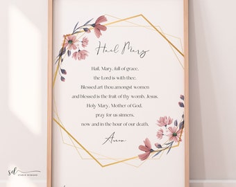 Hail Mary Prayer Print – Floral Catholic Wall Art (Digital Download)