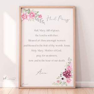 Hail Mary Prayer – Catholic Prayer Print, Digital Download, Catholic Printable Wall Art, Ave Maria, Rosary, Roses, Baptism, Modern Print